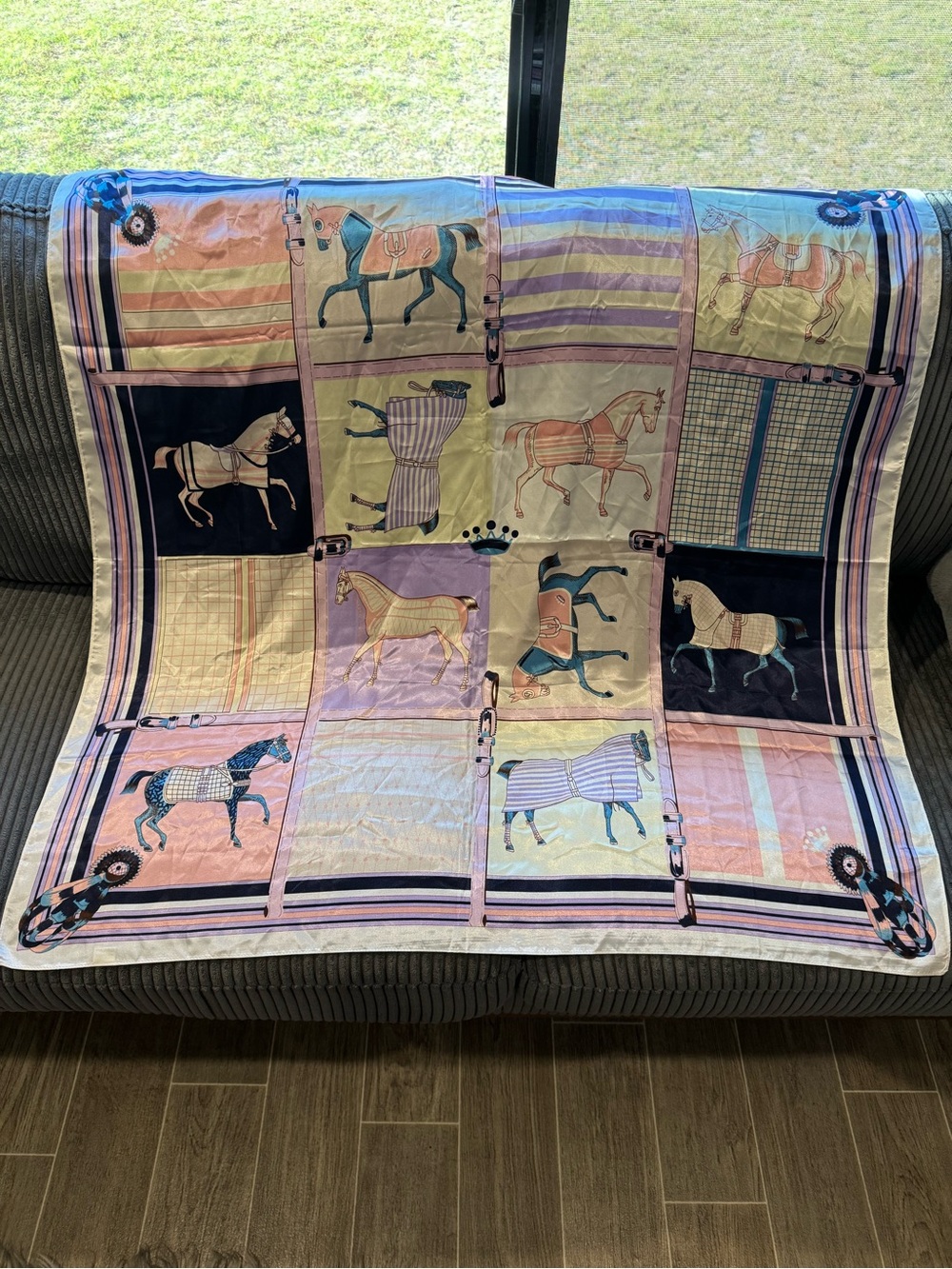 Pastel Horse-Print Silk Scarf Wrap in Pink & Blue